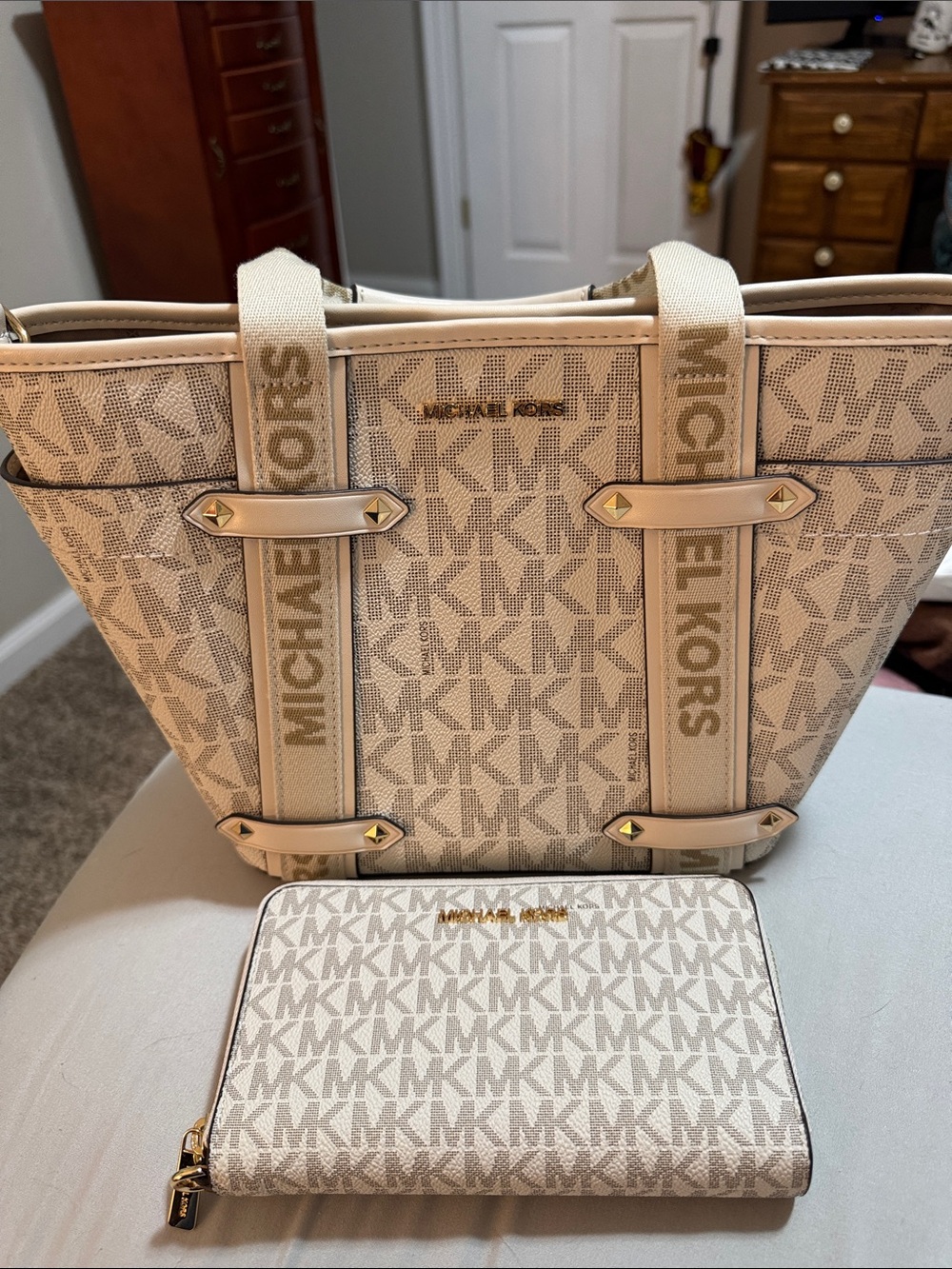 Michael Kors Cream Signature MK Tote with Matching Wallet